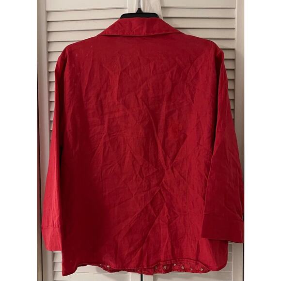 Rene Margo 100% Ramie Women's L/S Blouse XL Red w/Embroidered Cutout Front A+ - Picture 2 of 2